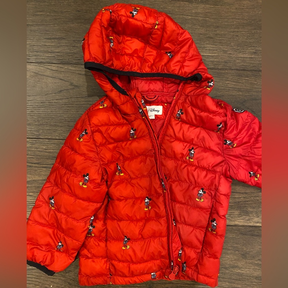 Disney Mickey Mouse red puffer with hood. Size 3